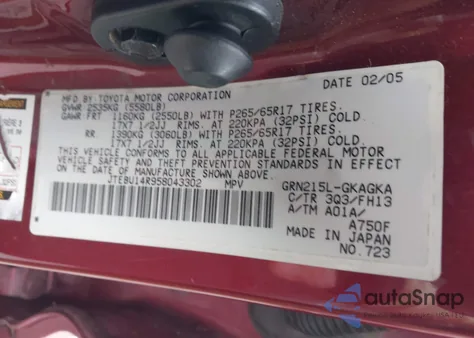 2005 Toyota 4Runner Sr5 Sport V6 z USA, uszkodzony, nr VIN JTEBU14R958043302